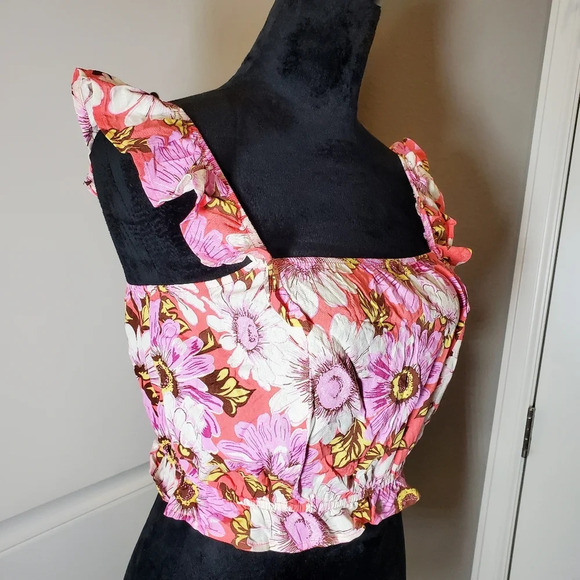 NWT Lily Rose Small Flutter Shoulder Smocked Ruffle Cropped Floral Boho Tank Top - Picture 8 of 16